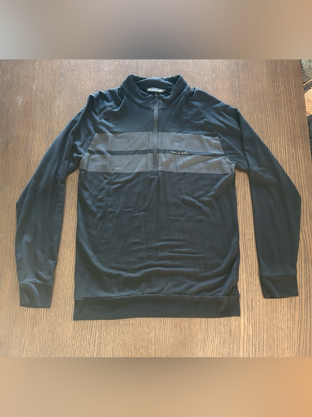 Travis Mathew Black Quarter-Zip Sweater with Gray Chest Stripes
